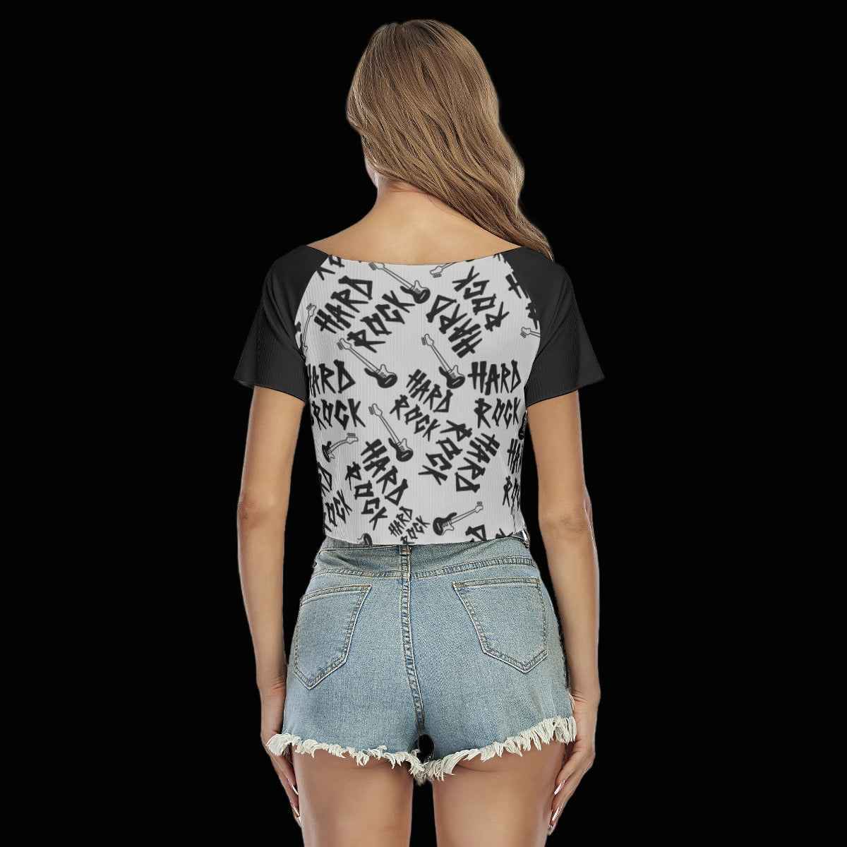 Distortion Darling Women's Crop Tee - Hard Rock Raglan Style with Drawstring Front