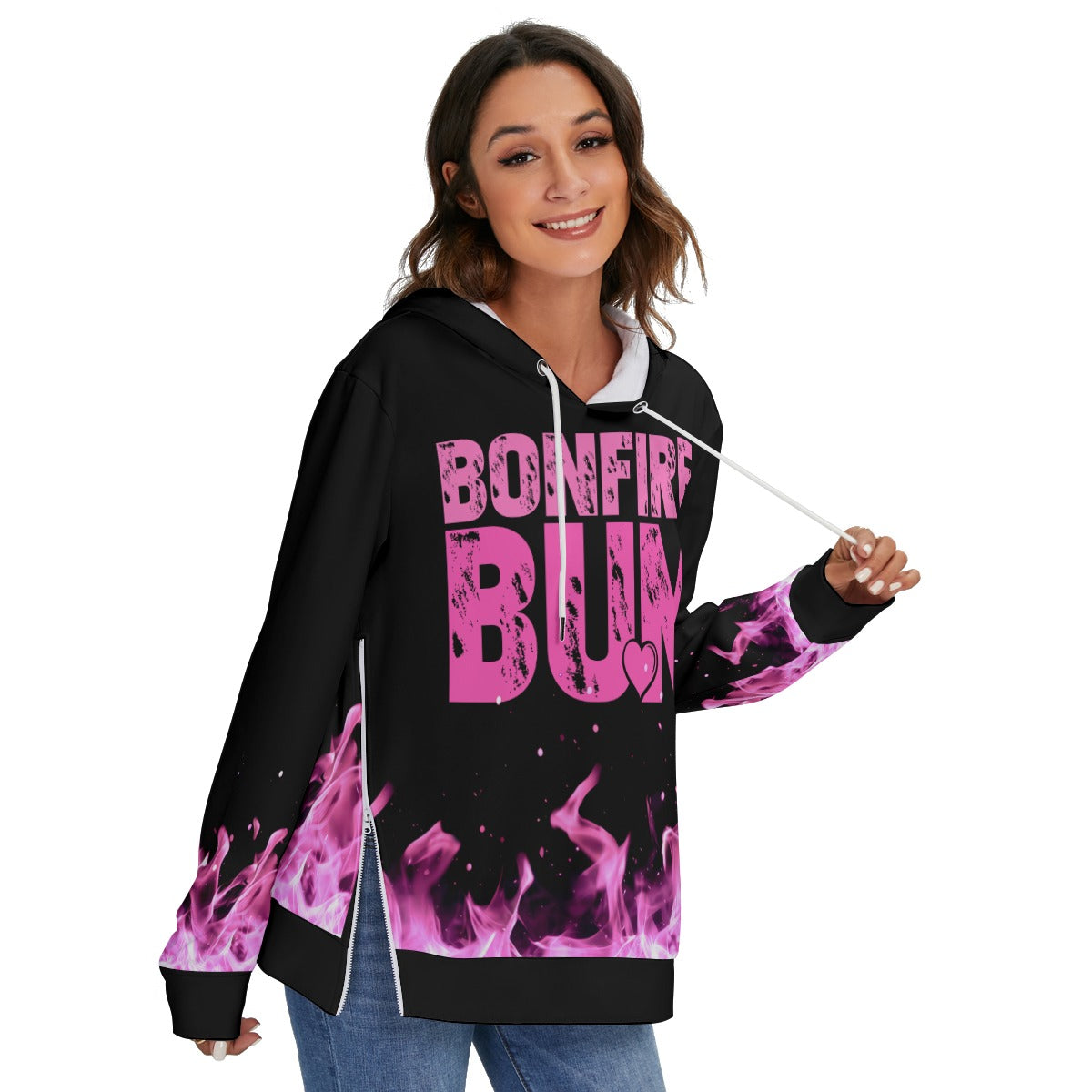 Bonfire Bum — All-Over Print Fleece-Lined Hoodie with Side Zipper